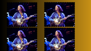 a collage of a woman playing a guitar